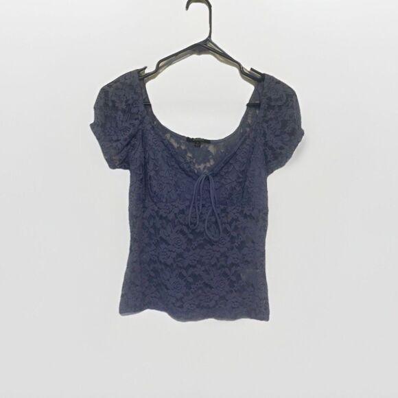 Ambiance Tops - (15.99) Medium Indigo Ambiance Lace Crop Belle Sleeve Mesh Top